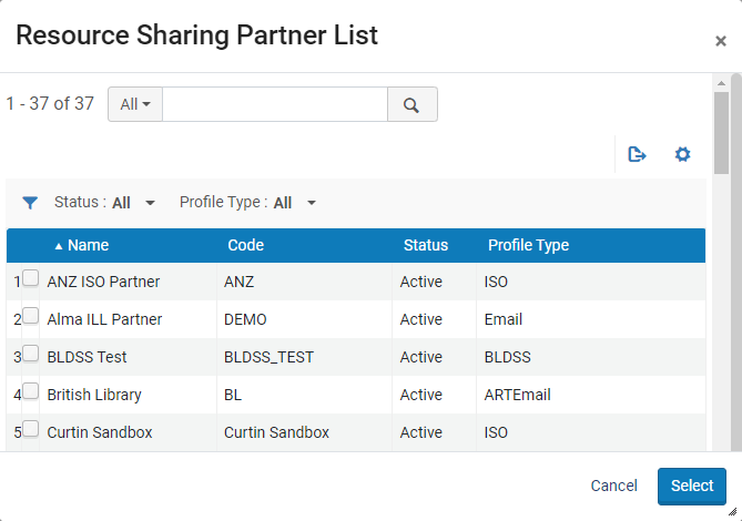 Resource Sharing Partner List Page